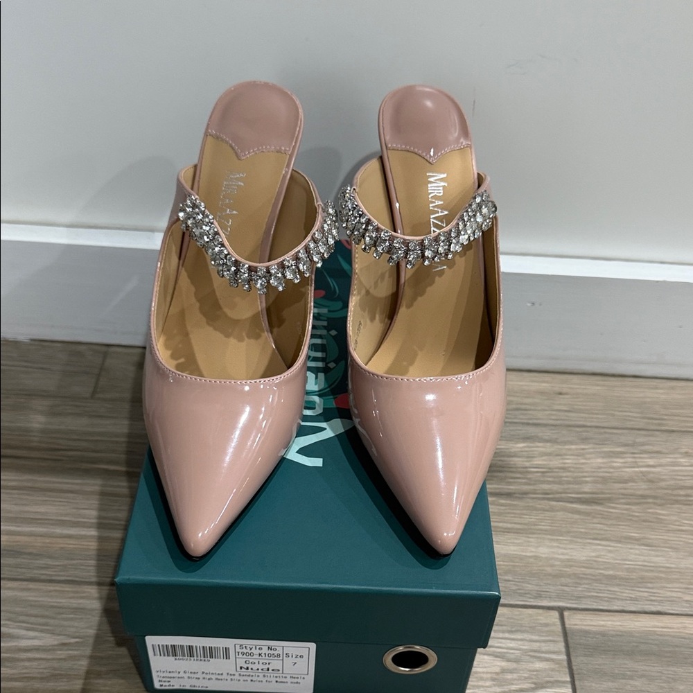 Vivianly Blush Mules with Rhinestone Strap